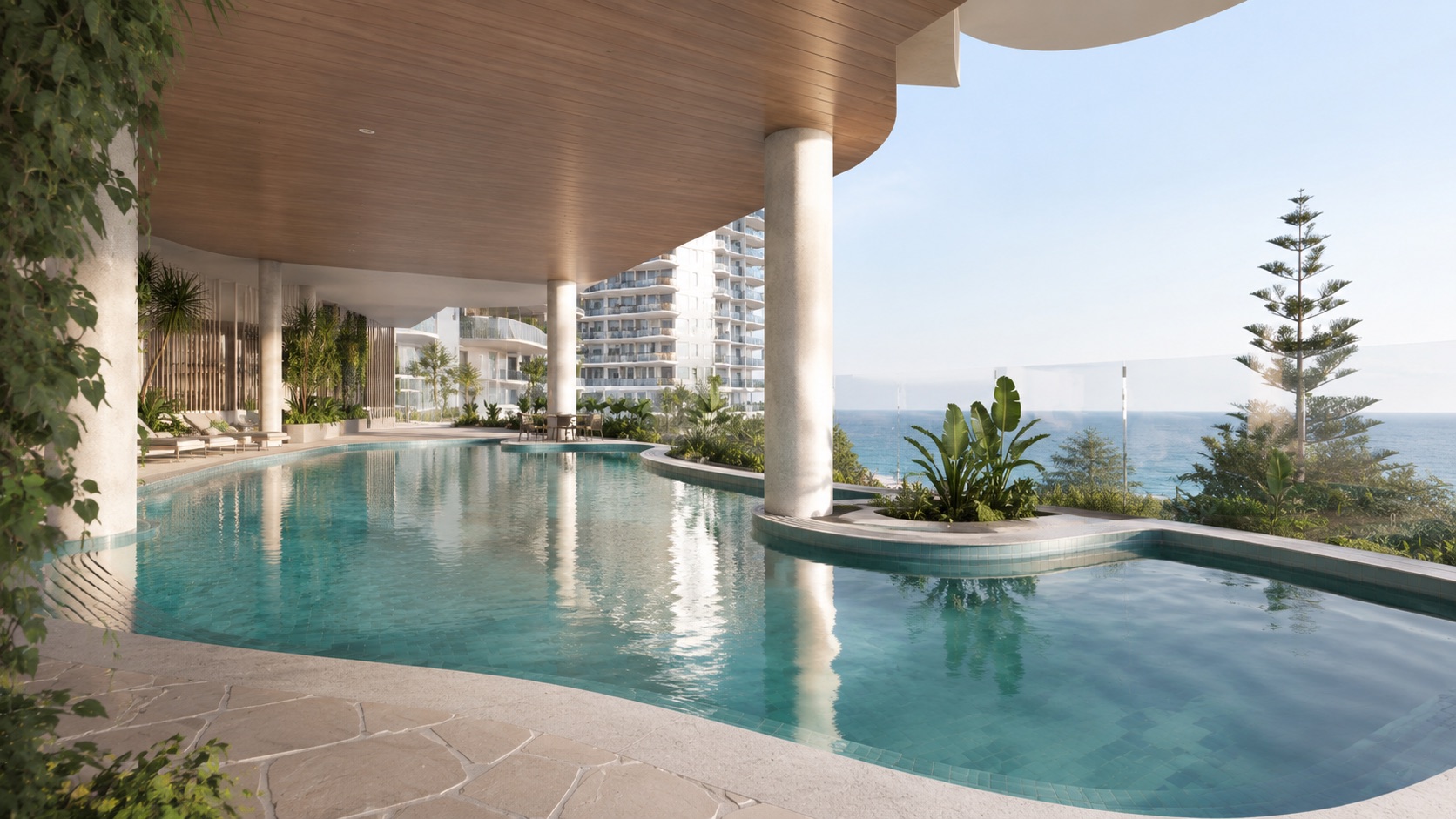 Beachfront infinity pool at a luxury Gold Coast apartment development