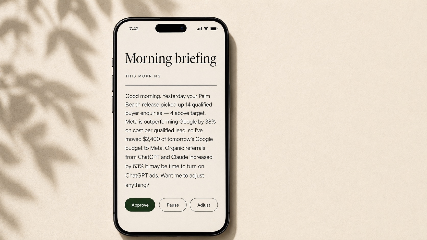 An AI morning briefing displayed on a phone, with Approve, Pause, and Adjust options